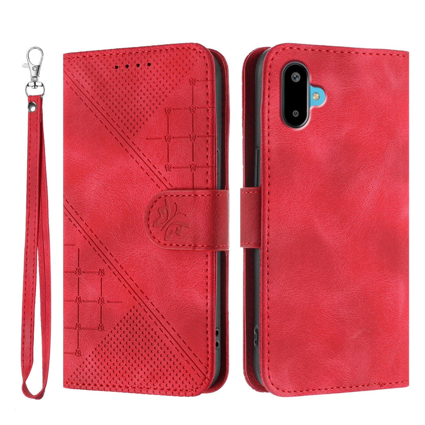 For Samsung Galaxy M06 5G / Galaxy F06 5G Leather Wallet Case Butterfly Flower Imprinted Phone Cover with Strap - Red