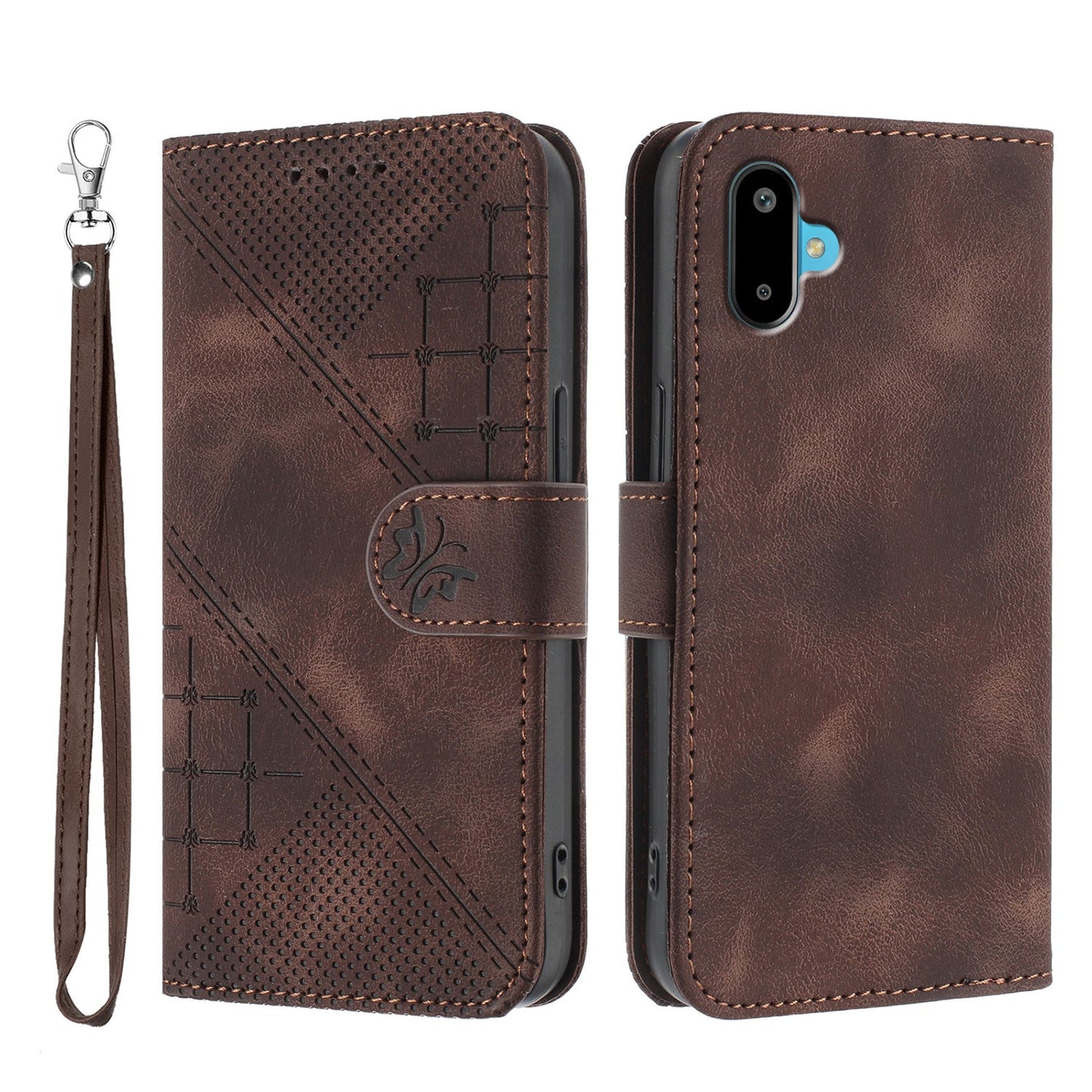For Samsung Galaxy M06 5G / Galaxy F06 5G Leather Wallet Case Butterfly Flower Imprinted Phone Cover with Strap - Coffee