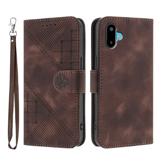 For Samsung Galaxy M06 5G / Galaxy F06 5G Leather Wallet Case Butterfly Flower Imprinted Phone Cover with Strap - Coffee
