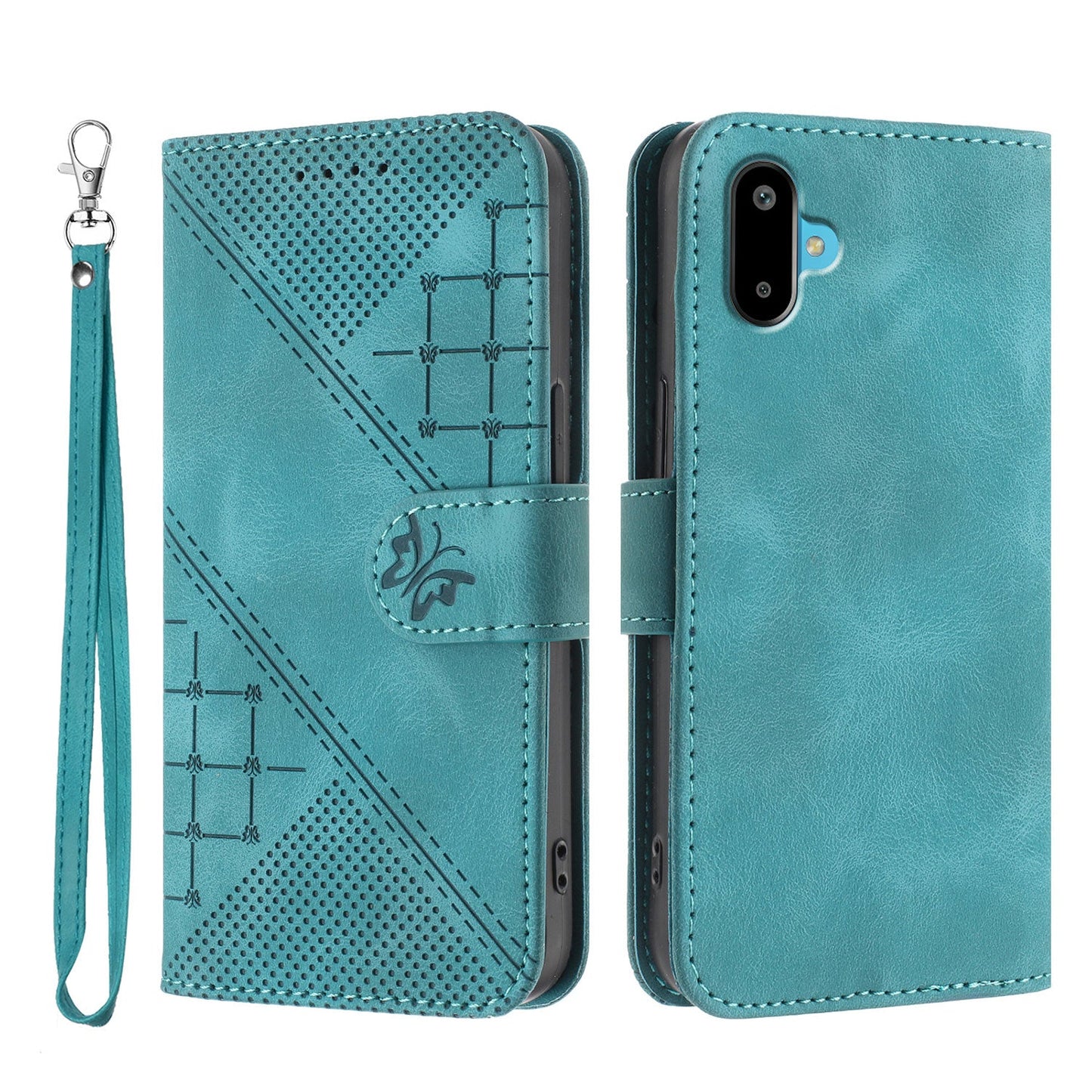 For Samsung Galaxy M06 5G / Galaxy F06 5G Leather Wallet Case Butterfly Flower Imprinted Phone Cover with Strap - Light Blue