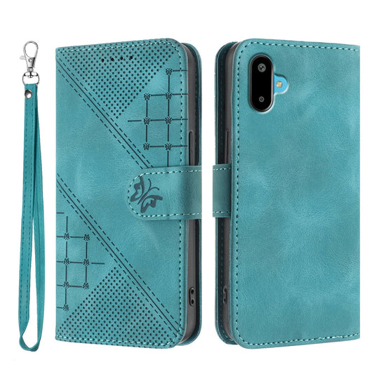 For Samsung Galaxy M06 5G / Galaxy F06 5G Leather Wallet Case Butterfly Flower Imprinted Phone Cover with Strap - Light Blue