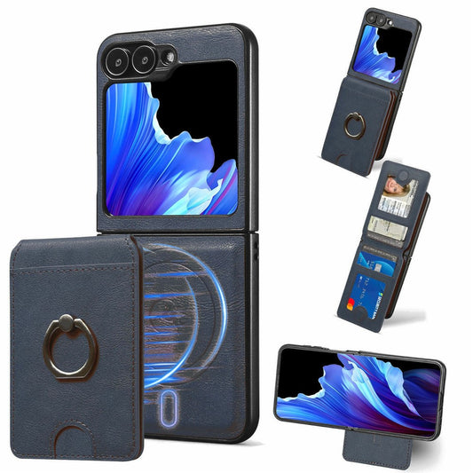 For Samsung Galaxy Z Flip7 FE 5G / Z Flip6 5G Magnetic Case PC + PU Phone Back Cover with Detachable Card Holder - Blue