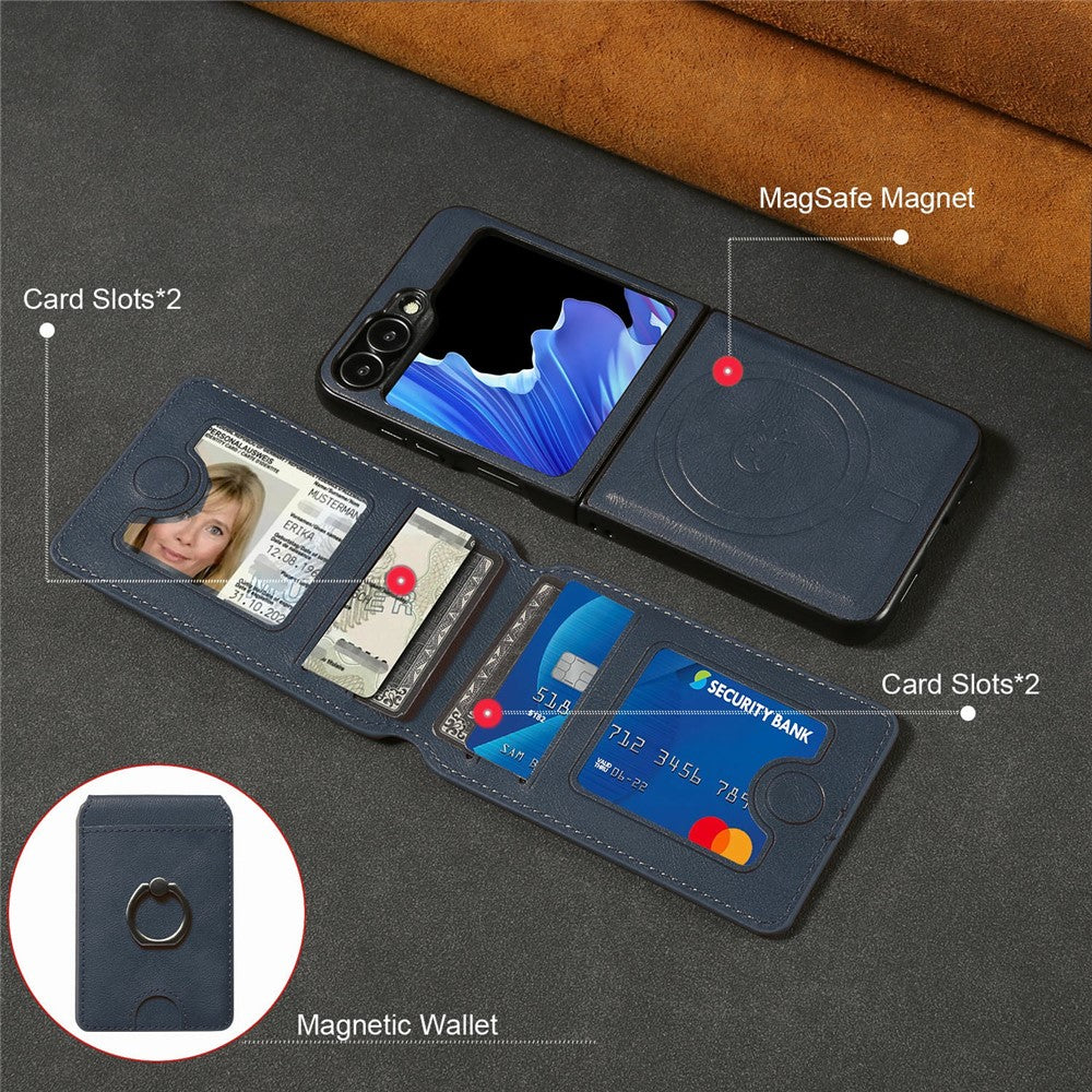 For Samsung Galaxy Z Flip7 FE 5G / Z Flip6 5G Magnetic Case PC + PU Phone Back Cover with Detachable Card Holder - Blue