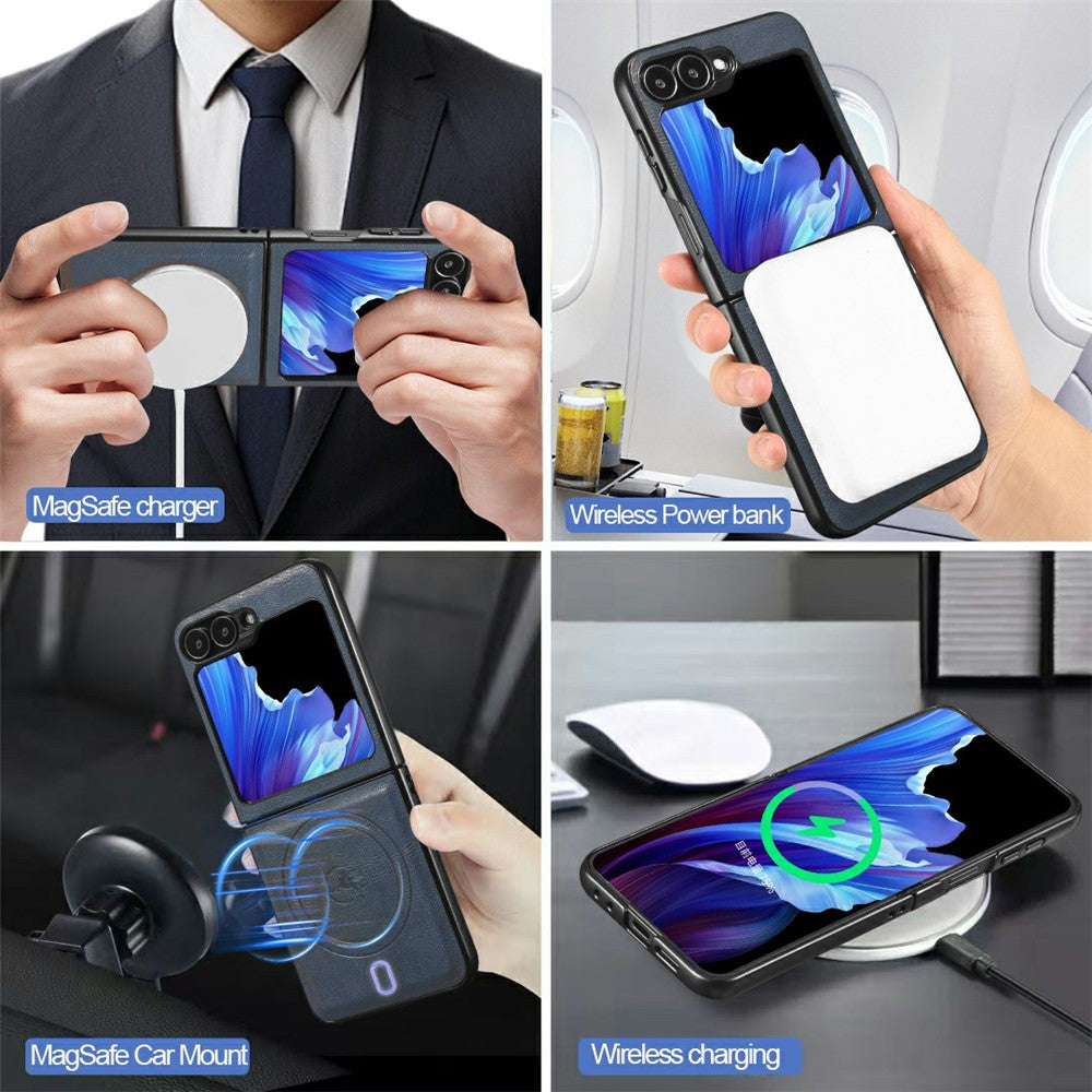 For Samsung Galaxy Z Flip7 FE 5G / Z Flip6 5G Magnetic Case PC + PU Phone Back Cover with Detachable Card Holder - Blue