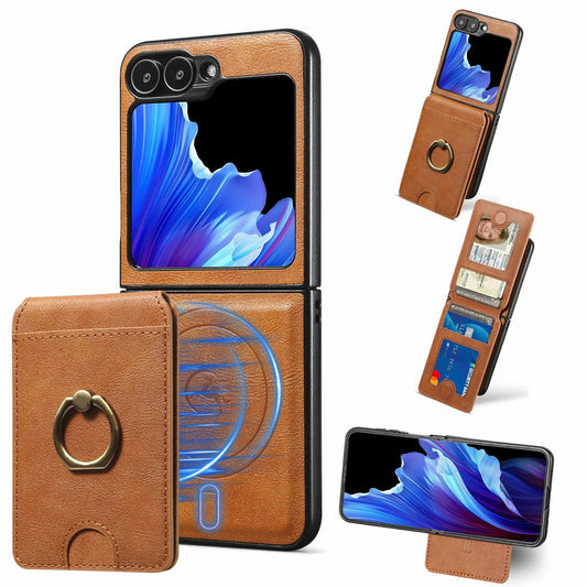 For Samsung Galaxy Z Flip7 FE 5G / Z Flip6 5G Magnetic Case PC + PU Phone Back Cover with Detachable Card Holder - Brown