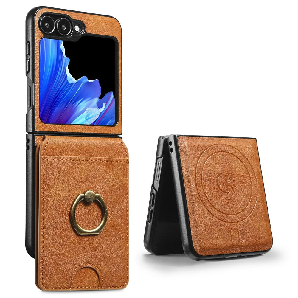 For Samsung Galaxy Z Flip7 FE 5G / Z Flip6 5G Magnetic Case PC + PU Phone Back Cover with Detachable Card Holder - Brown