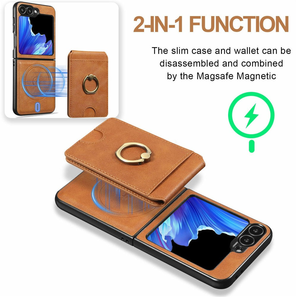 For Samsung Galaxy Z Flip7 FE 5G / Z Flip6 5G Magnetic Case PC + PU Phone Back Cover with Detachable Card Holder - Brown