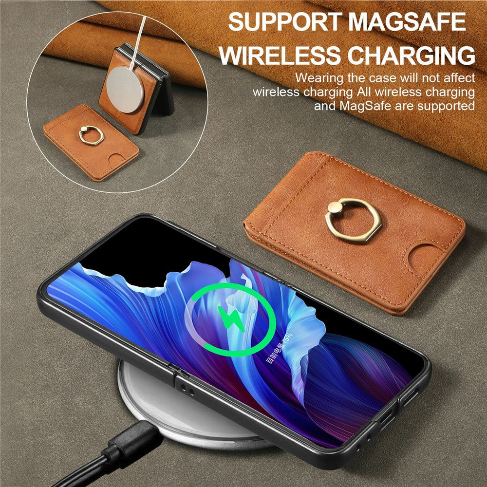 For Samsung Galaxy Z Flip7 FE 5G / Z Flip6 5G Magnetic Case PC + PU Phone Back Cover with Detachable Card Holder - Brown