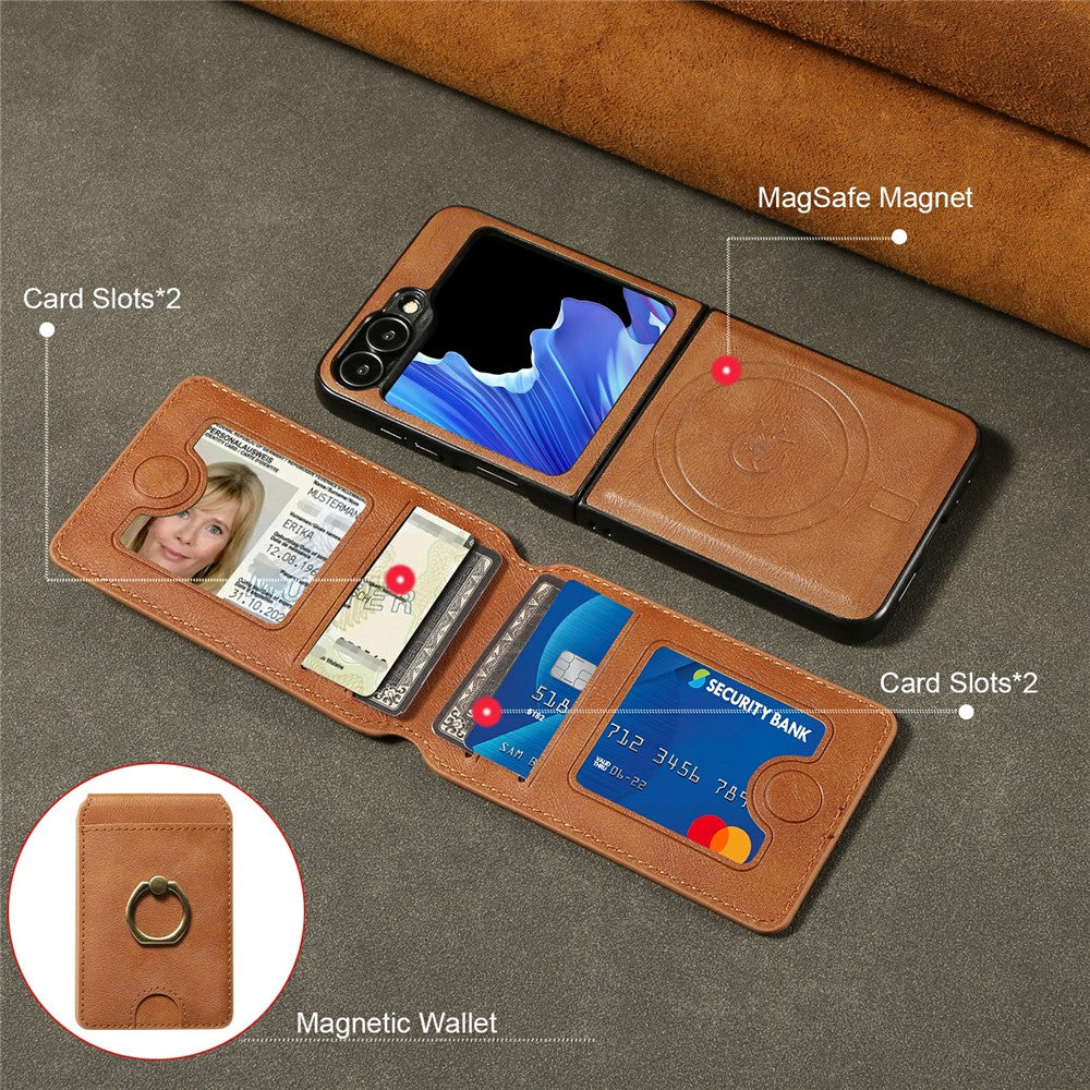 For Samsung Galaxy Z Flip7 FE 5G / Z Flip6 5G Magnetic Case PC + PU Phone Back Cover with Detachable Card Holder - Brown