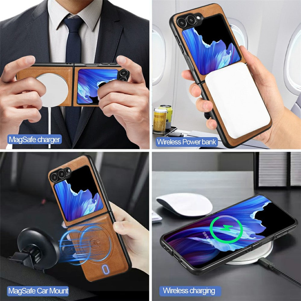 For Samsung Galaxy Z Flip7 FE 5G / Z Flip6 5G Magnetic Case PC + PU Phone Back Cover with Detachable Card Holder - Brown
