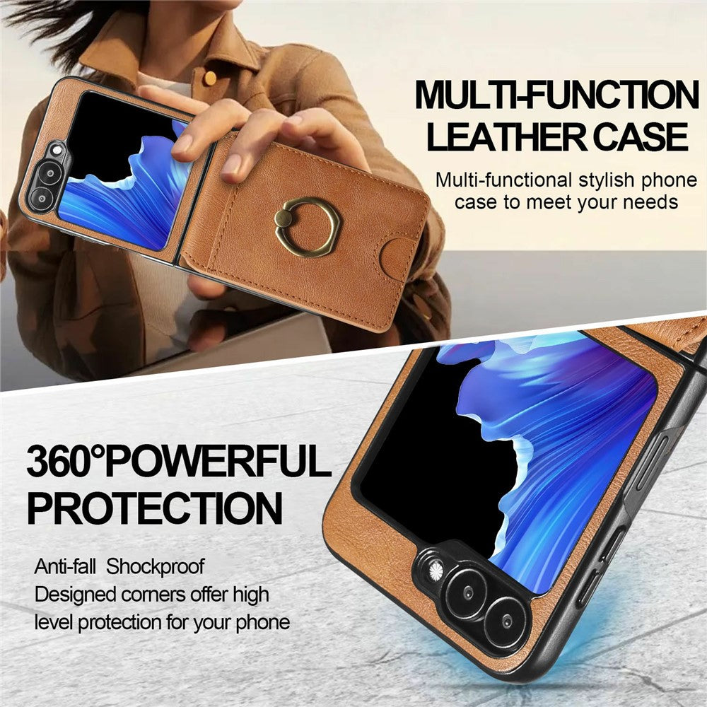 For Samsung Galaxy Z Flip7 FE 5G / Z Flip6 5G Magnetic Case PC + PU Phone Back Cover with Detachable Card Holder - Brown