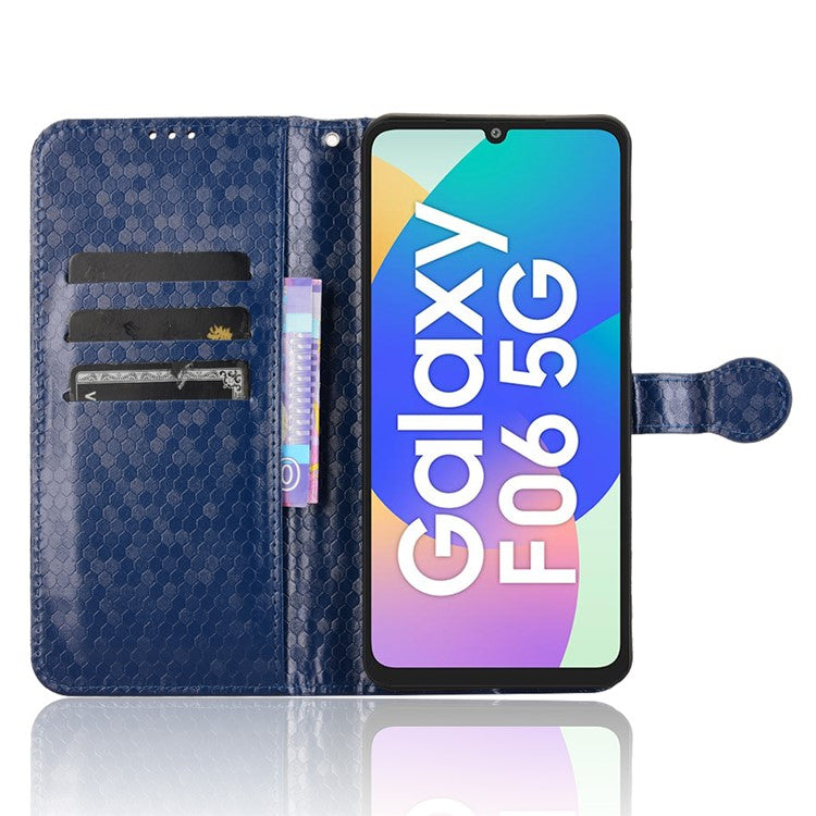 For Samsung Galaxy F06 5G  /  M06 5G Wallet Case Dot Pattern Imprint PU Leather Phone Cover - Dark Blue