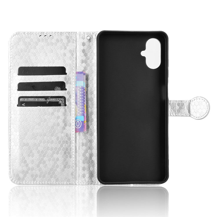 For Samsung Galaxy F06 5G  /  M06 5G Wallet Case Dot Pattern Imprint PU Leather Phone Cover - Silver