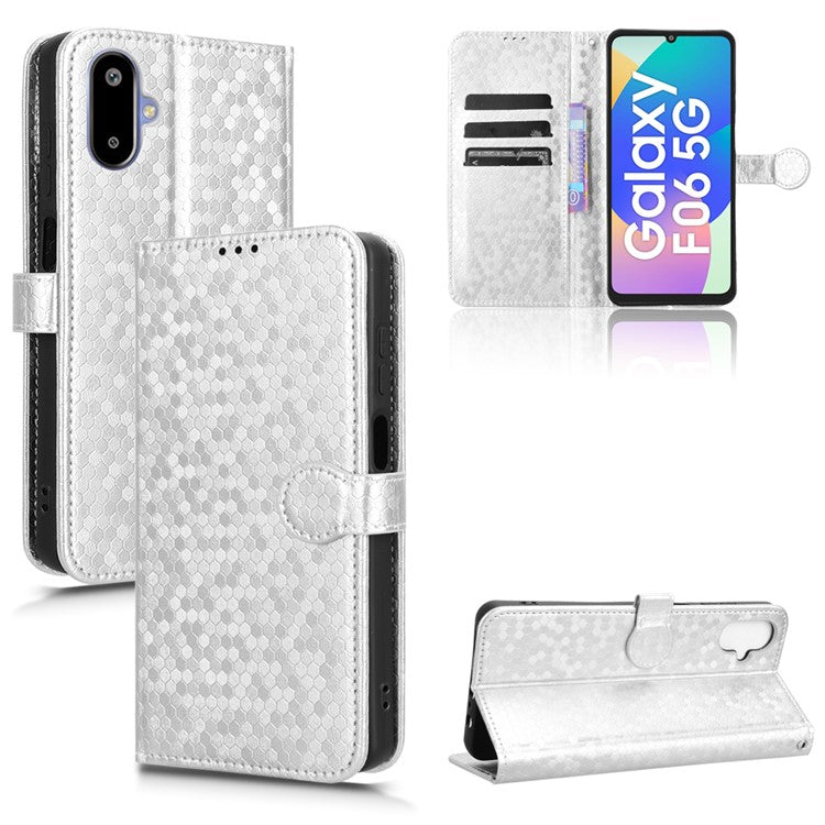 For Samsung Galaxy F06 5G  /  M06 5G Wallet Case Dot Pattern Imprint PU Leather Phone Cover - Silver