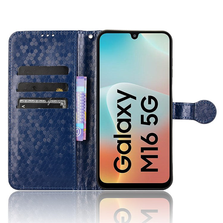 For Samsung Galaxy M16 5G  /  F16 5G Wallet Case Dot Pattern Imprint PU Leather Phone Cover - Dark Blue