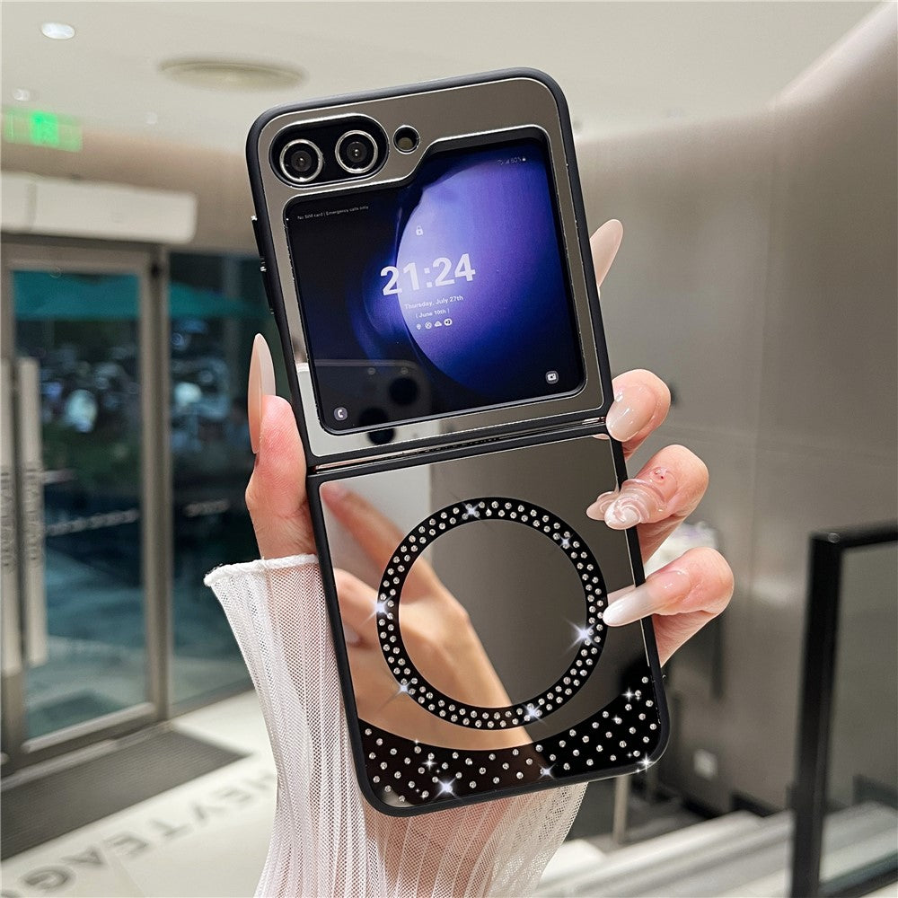 For Samsung Galaxy Z Flip7 FE 5G / Z Flip6 5G Magnetic Case Mirror Surface TPU + PC Shockproof Phone Cover - Black