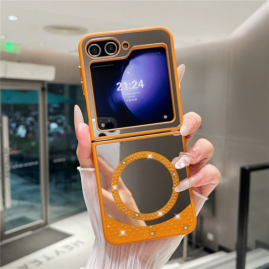 For Samsung Galaxy Z Flip7 FE 5G / Z Flip6 5G Magnetic Case Mirror Surface TPU + PC Shockproof Phone Cover - Orange