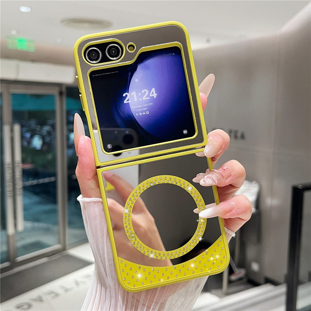 For Samsung Galaxy Z Flip7 FE 5G / Z Flip6 5G Magnetic Case Mirror Surface TPU + PC Shockproof Phone Cover - Yellowgreen