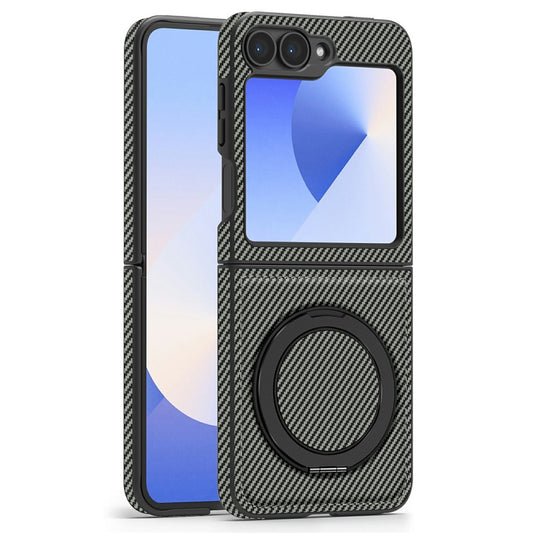 For Samsung Galaxy Z Flip7 FE 5G / Z Flip6 5G Magnetic Case Carbon Fiber Texture PU+TPU Kickstand Phone Cover - Titanium Grey