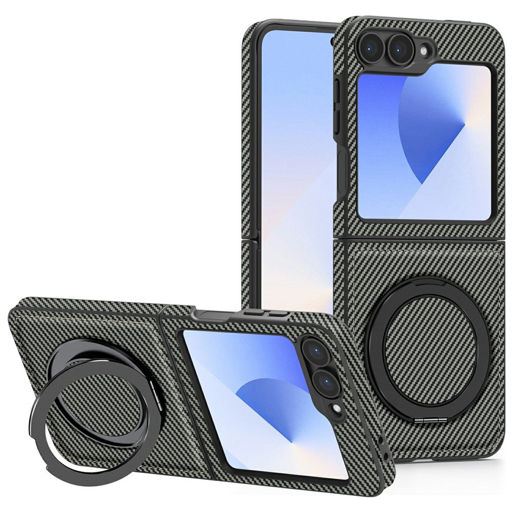 For Samsung Galaxy Z Flip7 FE 5G / Z Flip6 5G Magnetic Case Carbon Fiber Texture PU+TPU Kickstand Phone Cover - Titanium Grey