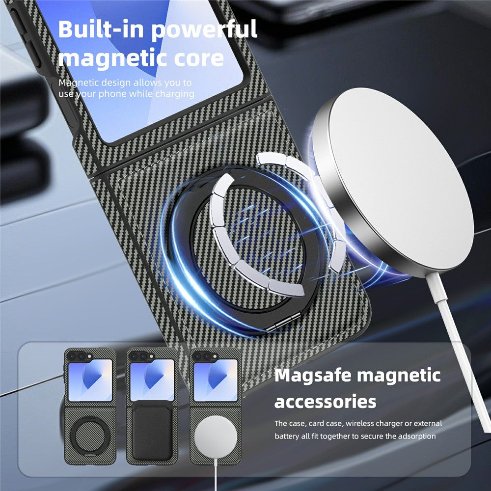 For Samsung Galaxy Z Flip7 FE 5G / Z Flip6 5G Magnetic Case Carbon Fiber Texture PU+TPU Kickstand Phone Cover - Titanium Grey