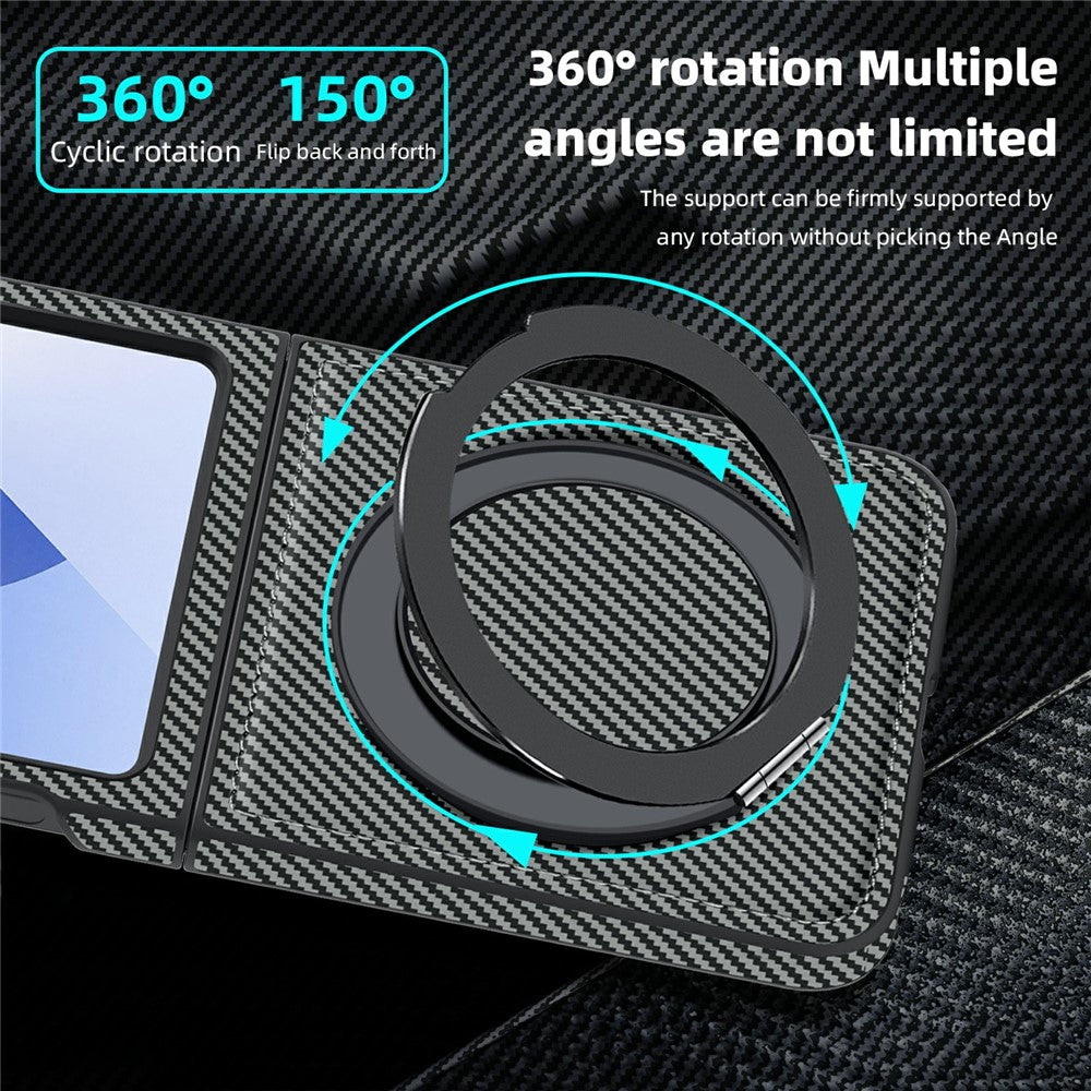 For Samsung Galaxy Z Flip7 FE 5G / Z Flip6 5G Magnetic Case Carbon Fiber Texture PU+TPU Kickstand Phone Cover - Titanium Grey