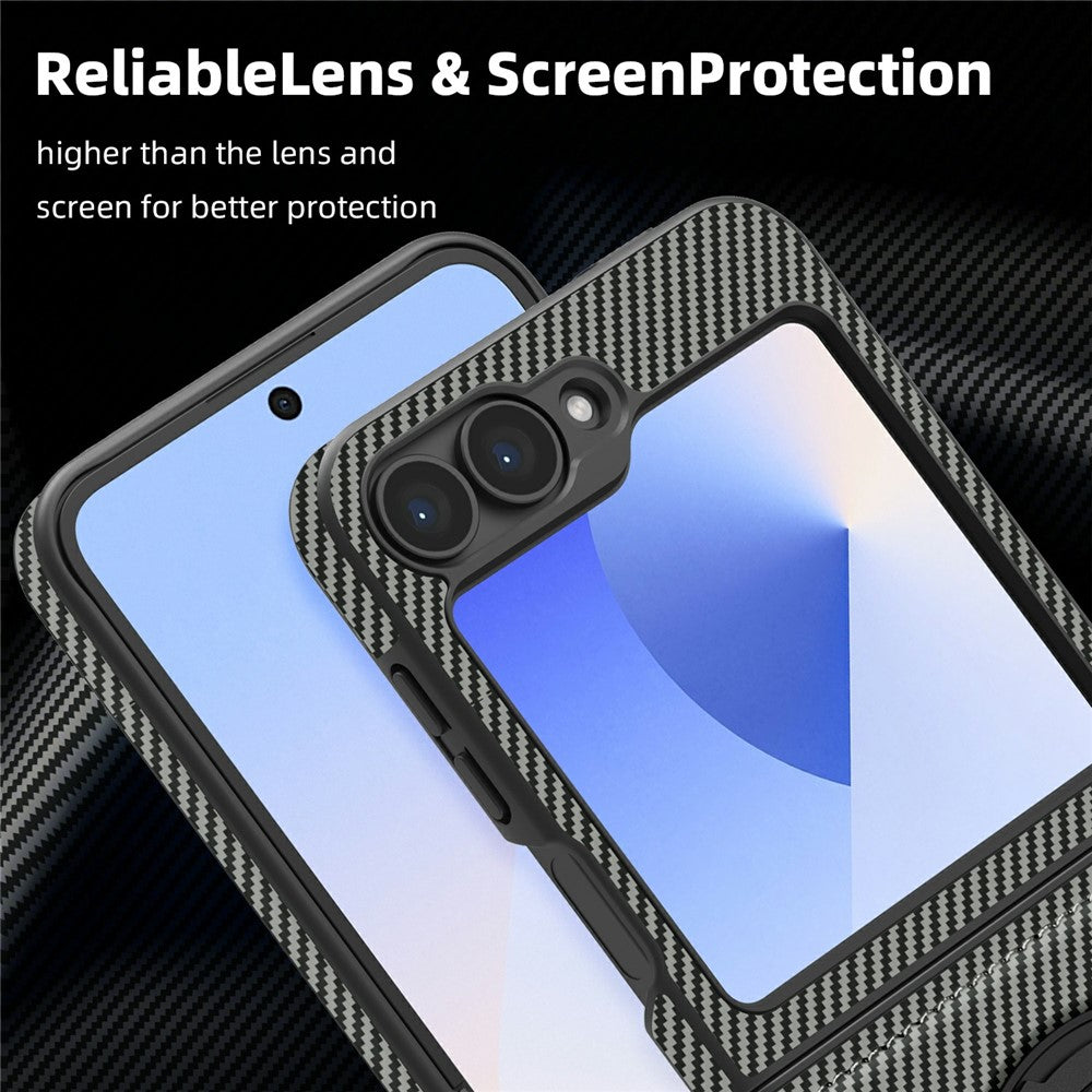 For Samsung Galaxy Z Flip7 FE 5G / Z Flip6 5G Magnetic Case Carbon Fiber Texture PU+TPU Kickstand Phone Cover - Titanium Grey