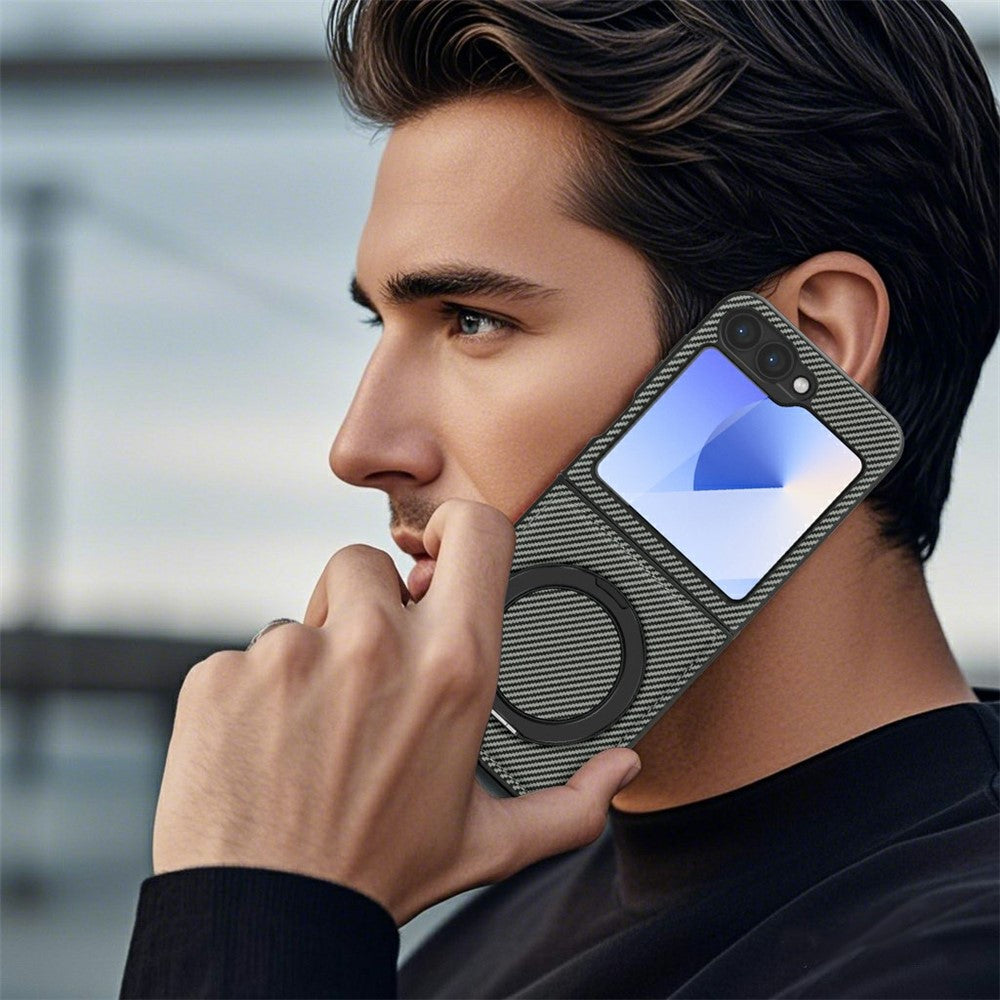 For Samsung Galaxy Z Flip7 FE 5G / Z Flip6 5G Magnetic Case Carbon Fiber Texture PU+TPU Kickstand Phone Cover - Titanium Grey