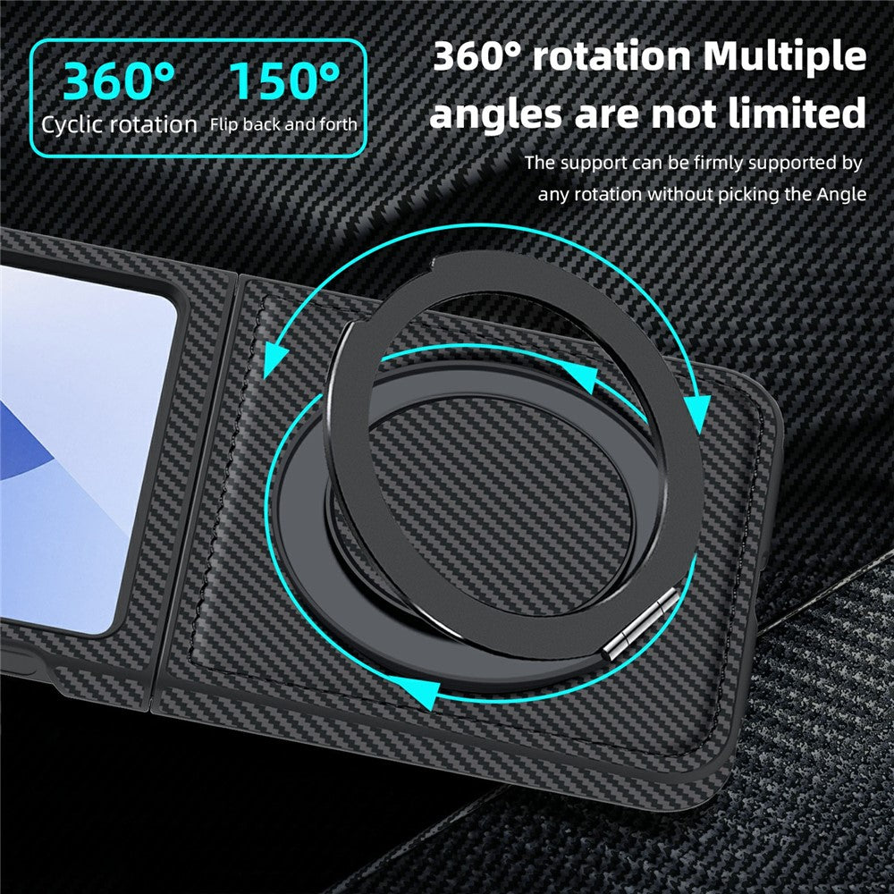 For Samsung Galaxy Z Flip7 FE 5G / Z Flip6 5G Magnetic Case Carbon Fiber Texture PU+TPU Kickstand Phone Cover - Black