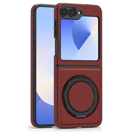 For Samsung Galaxy Z Flip7 FE 5G / Z Flip6 5G Magnetic Case Carbon Fiber Texture PU+TPU Kickstand Phone Cover - Red