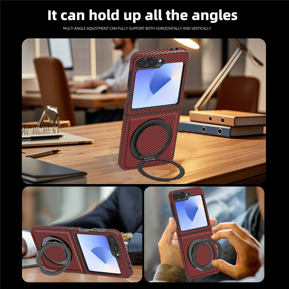For Samsung Galaxy Z Flip7 FE 5G / Z Flip6 5G Magnetic Case Carbon Fiber Texture PU+TPU Kickstand Phone Cover - Red