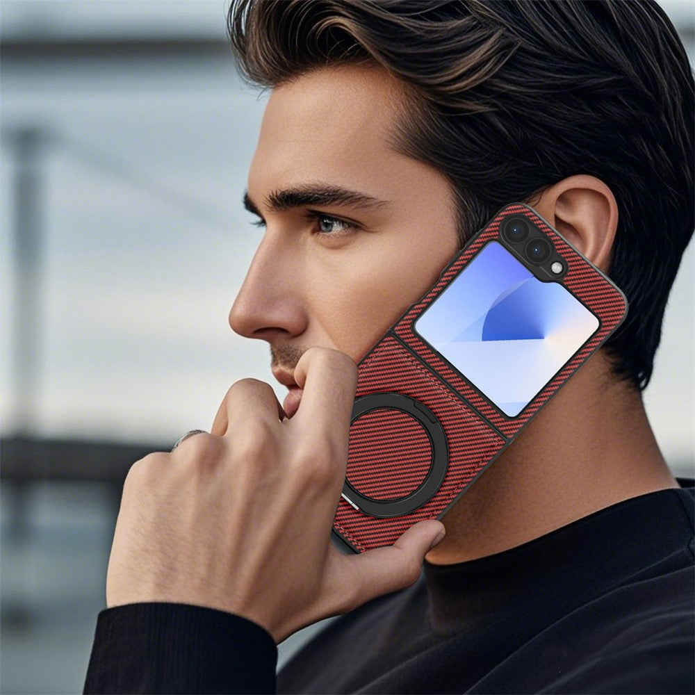 For Samsung Galaxy Z Flip7 FE 5G / Z Flip6 5G Magnetic Case Carbon Fiber Texture PU+TPU Kickstand Phone Cover - Red