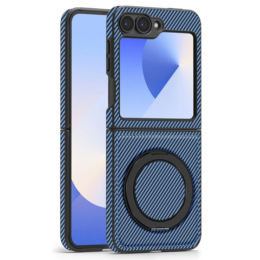 For Samsung Galaxy Z Flip7 FE 5G / Z Flip6 5G Magnetic Case Carbon Fiber Texture PU+TPU Kickstand Phone Cover - Blue