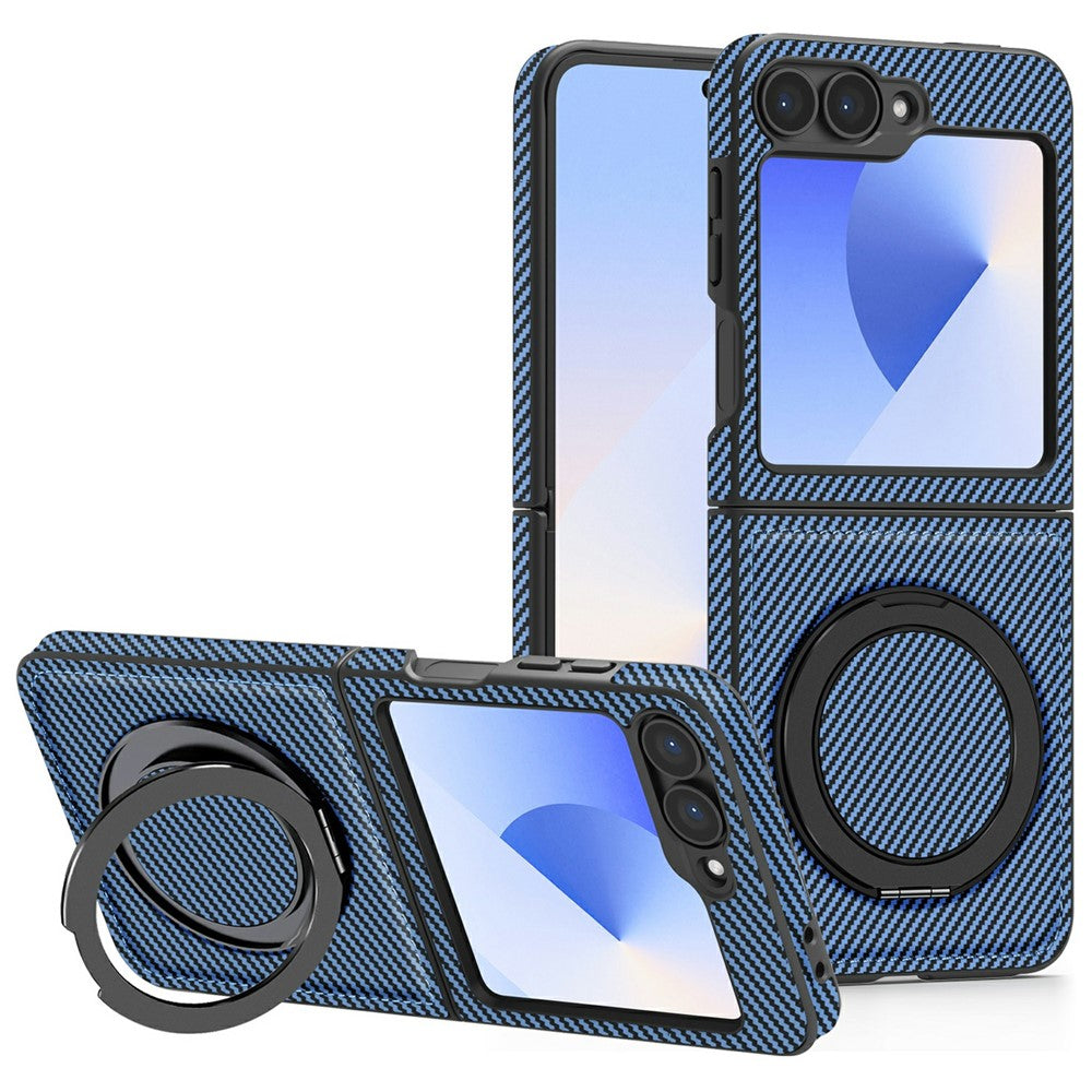 For Samsung Galaxy Z Flip7 FE 5G / Z Flip6 5G Magnetic Case Carbon Fiber Texture PU+TPU Kickstand Phone Cover - Blue