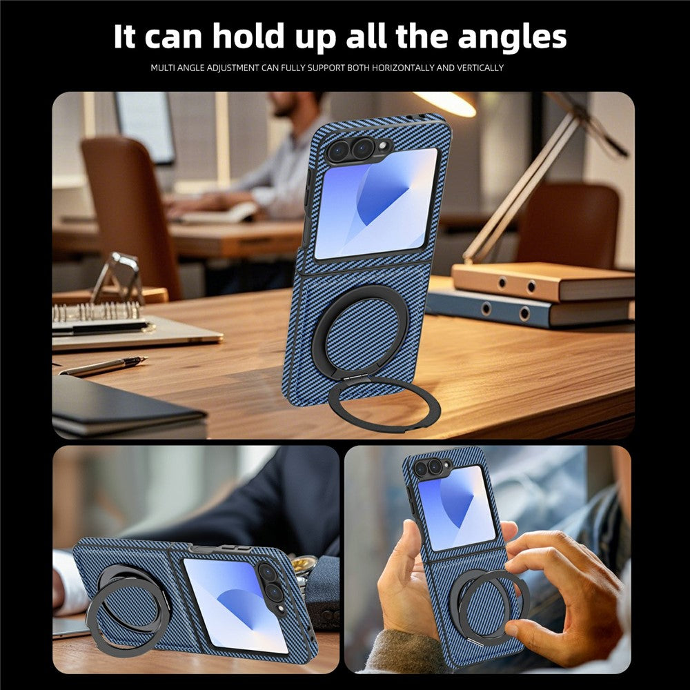 For Samsung Galaxy Z Flip7 FE 5G / Z Flip6 5G Magnetic Case Carbon Fiber Texture PU+TPU Kickstand Phone Cover - Blue