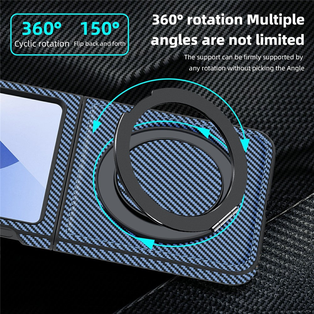 For Samsung Galaxy Z Flip7 FE 5G / Z Flip6 5G Magnetic Case Carbon Fiber Texture PU+TPU Kickstand Phone Cover - Blue