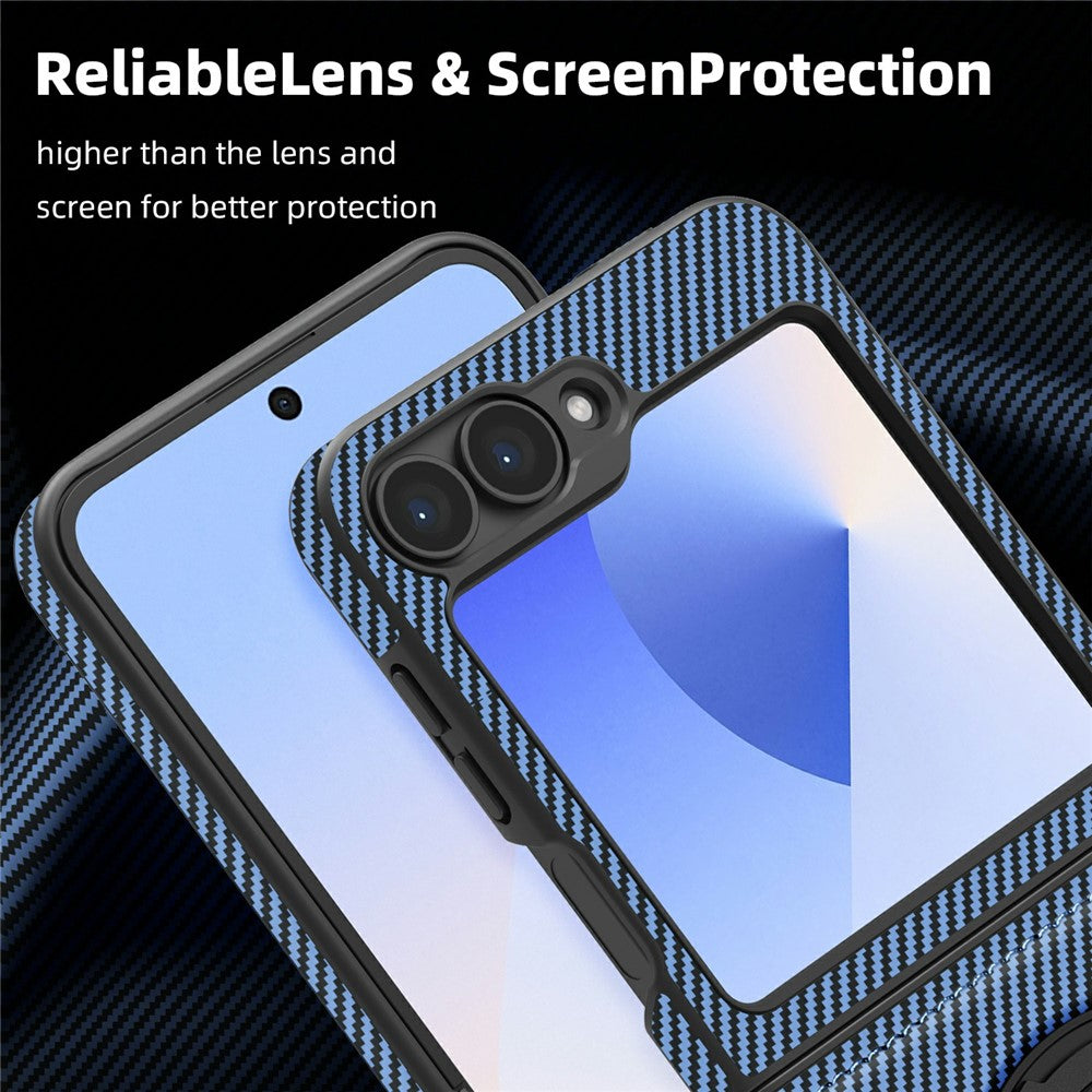 For Samsung Galaxy Z Flip7 FE 5G / Z Flip6 5G Magnetic Case Carbon Fiber Texture PU+TPU Kickstand Phone Cover - Blue