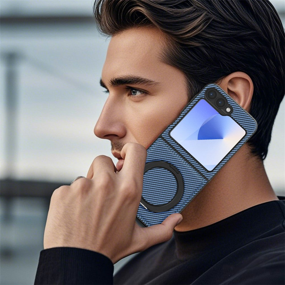 For Samsung Galaxy Z Flip7 FE 5G / Z Flip6 5G Magnetic Case Carbon Fiber Texture PU+TPU Kickstand Phone Cover - Blue