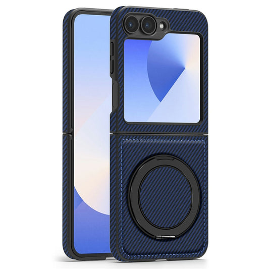 For Samsung Galaxy Z Flip7 FE 5G / Z Flip6 5G Magnetic Case Carbon Fiber Texture PU+TPU Kickstand Phone Cover - Sapphire