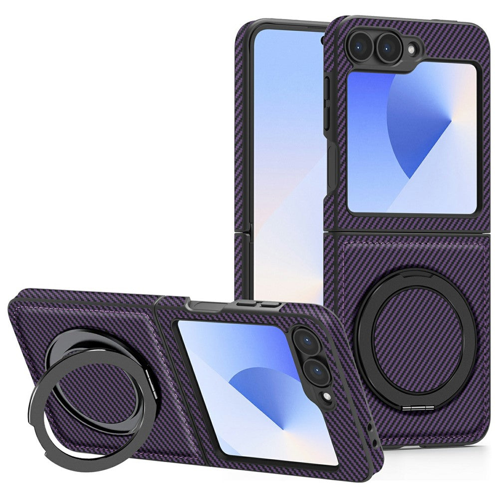 For Samsung Galaxy Z Flip7 FE 5G / Z Flip6 5G Magnetic Case Carbon Fiber Texture PU+TPU Kickstand Phone Cover - Dark Purple