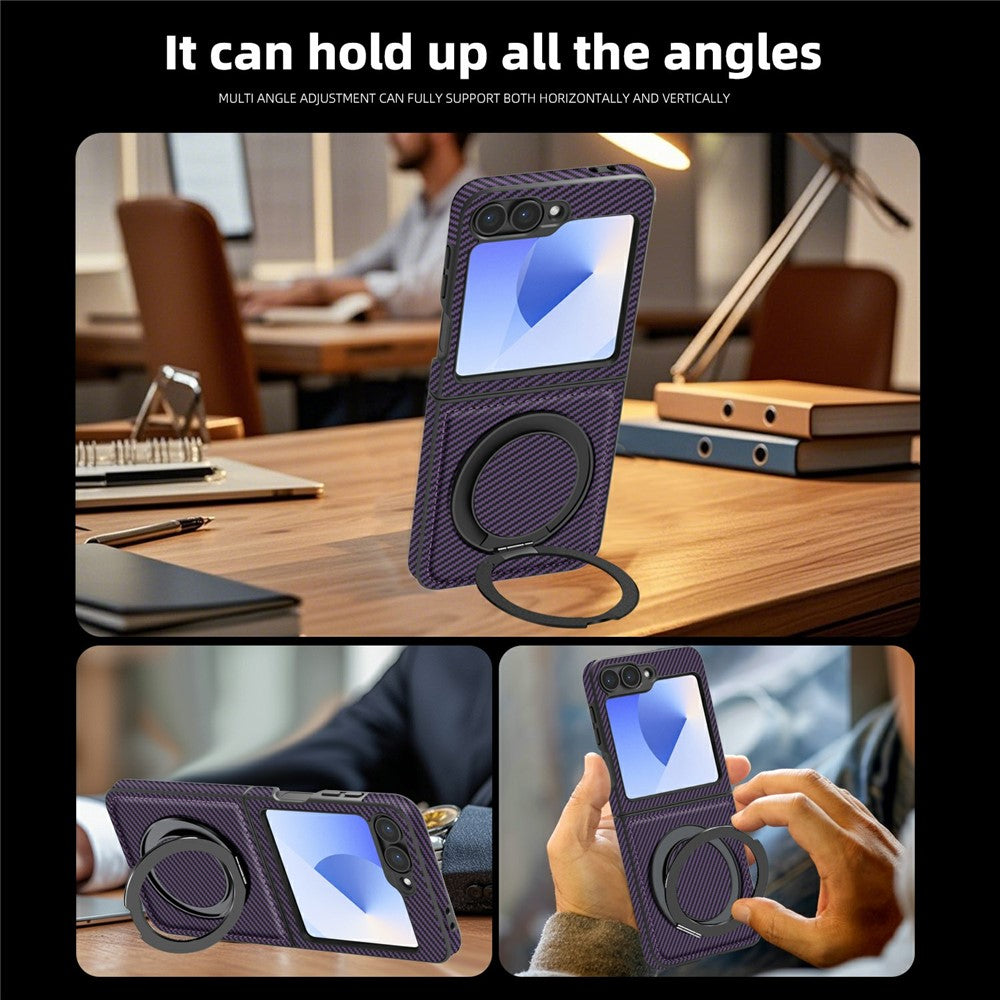 For Samsung Galaxy Z Flip7 FE 5G / Z Flip6 5G Magnetic Case Carbon Fiber Texture PU+TPU Kickstand Phone Cover - Dark Purple