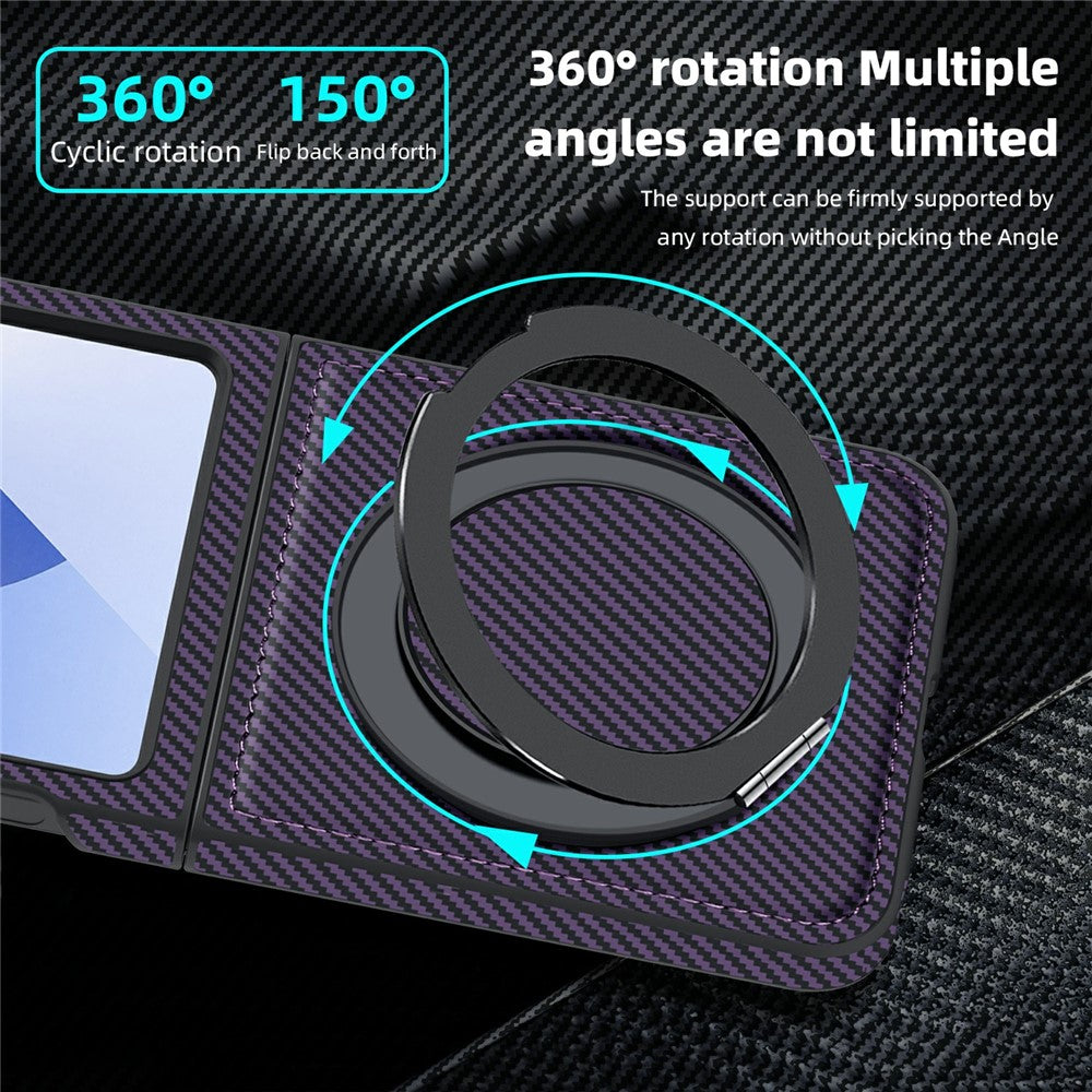 For Samsung Galaxy Z Flip7 FE 5G / Z Flip6 5G Magnetic Case Carbon Fiber Texture PU+TPU Kickstand Phone Cover - Dark Purple