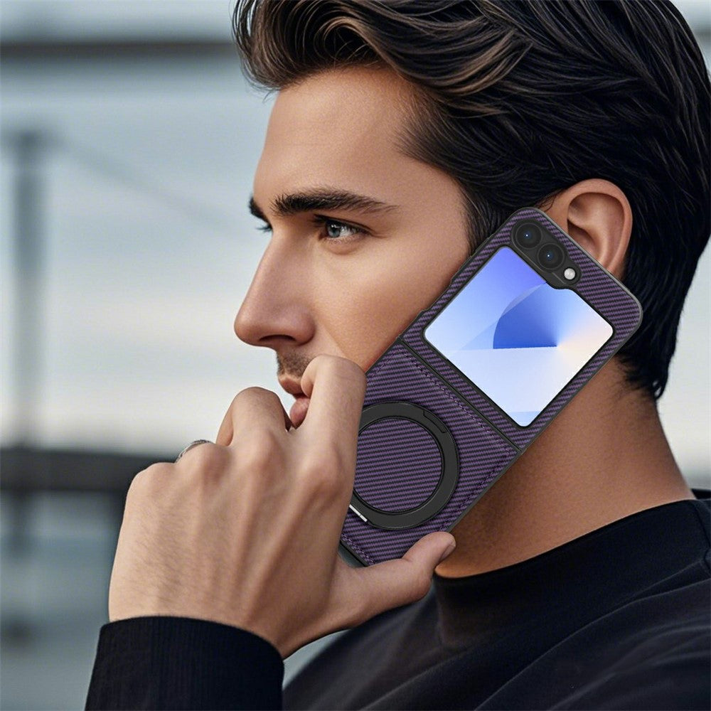 For Samsung Galaxy Z Flip7 FE 5G / Z Flip6 5G Magnetic Case Carbon Fiber Texture PU+TPU Kickstand Phone Cover - Dark Purple