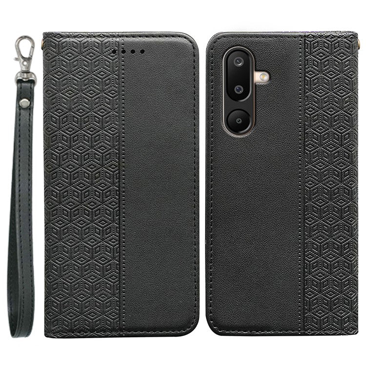 For Samsung Galaxy M16 5G  /  F16 5G Wallet Phone Case Strong Magnetic Checkered Pattern Imprint Leather Flip Cover - Black