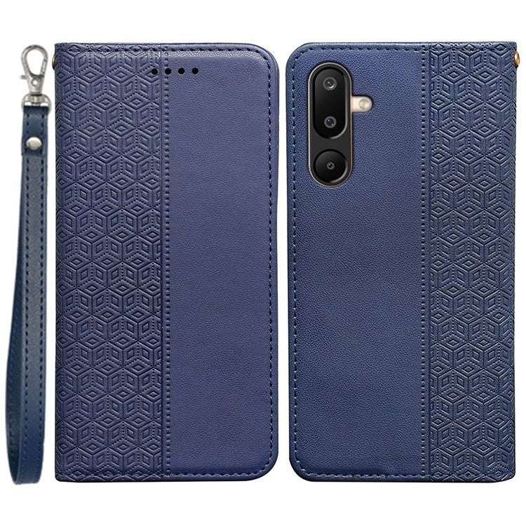 For Samsung Galaxy M16 5G  /  F16 5G Wallet Phone Case Strong Magnetic Checkered Pattern Imprint Leather Flip Cover - Blue