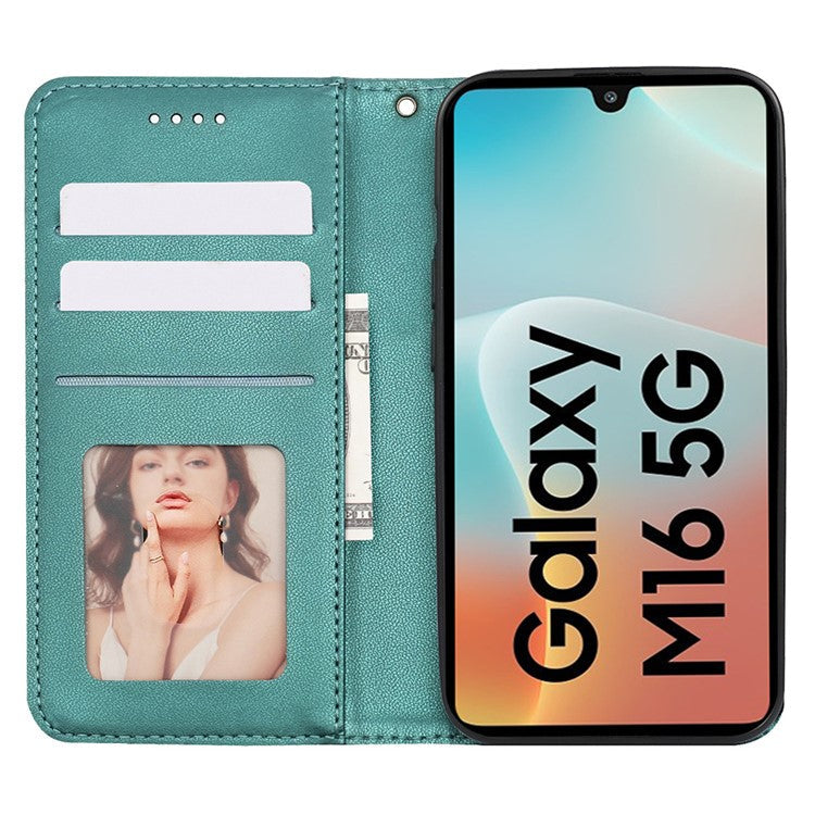 For Samsung Galaxy M16 5G  /  F16 5G Wallet Phone Case Strong Magnetic Checkered Pattern Imprint Leather Flip Cover - Green