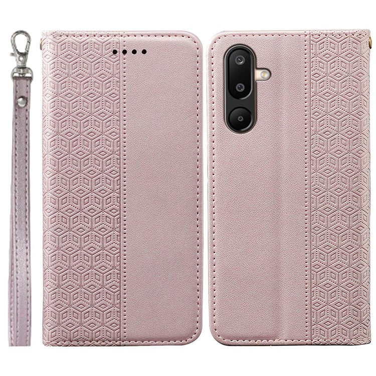 For Samsung Galaxy M16 5G  /  F16 5G Wallet Phone Case Strong Magnetic Checkered Pattern Imprint Leather Flip Cover - Rose Gold