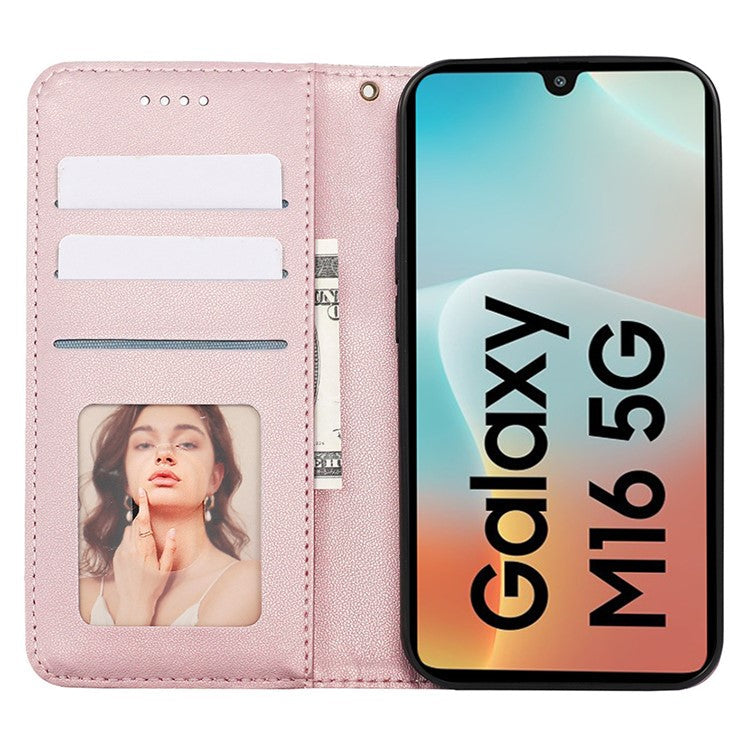 For Samsung Galaxy M16 5G  /  F16 5G Wallet Phone Case Strong Magnetic Checkered Pattern Imprint Leather Flip Cover - Rose Gold
