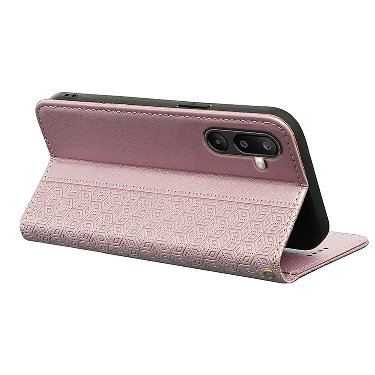 For Samsung Galaxy M16 5G  /  F16 5G Wallet Phone Case Strong Magnetic Checkered Pattern Imprint Leather Flip Cover - Rose Gold