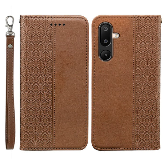 For Samsung Galaxy M16 5G  /  F16 5G Wallet Phone Case Strong Magnetic Checkered Pattern Imprint Leather Flip Cover - Brown